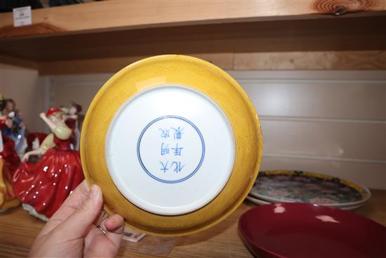 A Chinese ruby ground dish and a yellow dragon dish and two others largest diameter 26cm